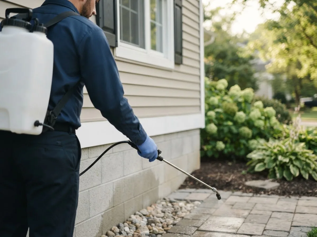 Pest control technician inspecting a home in Bureau, IL